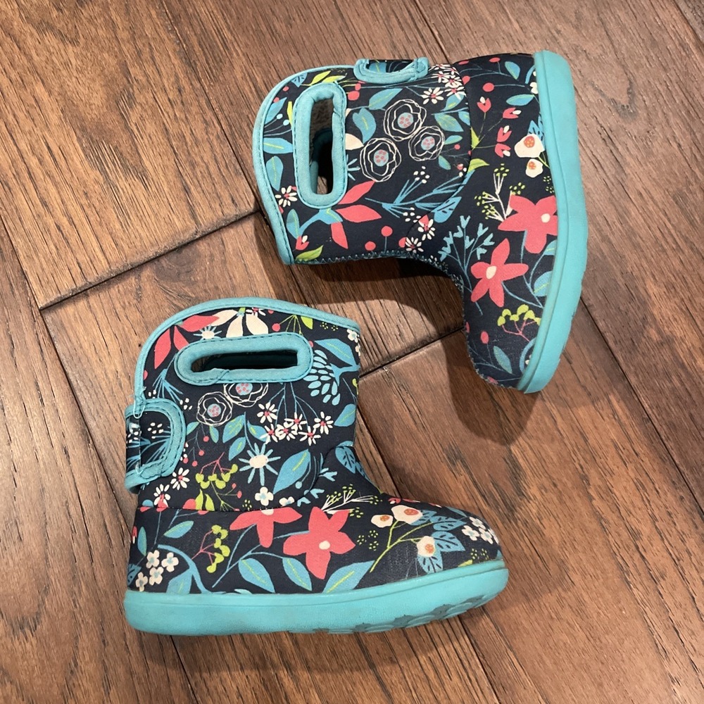 BOGS Kids Baby Girls 7 Floral Waterproof Insulated Rain SnowBoots Blue Pink